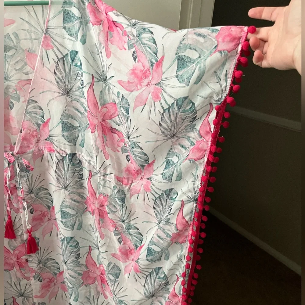 Tropical Floral Kimono/coverup with Pom Pom fringe